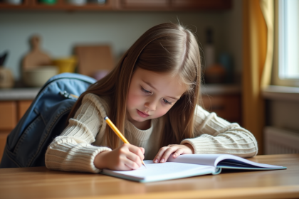 Jeune fille concentrée à écrire dans son cahier en cuisine