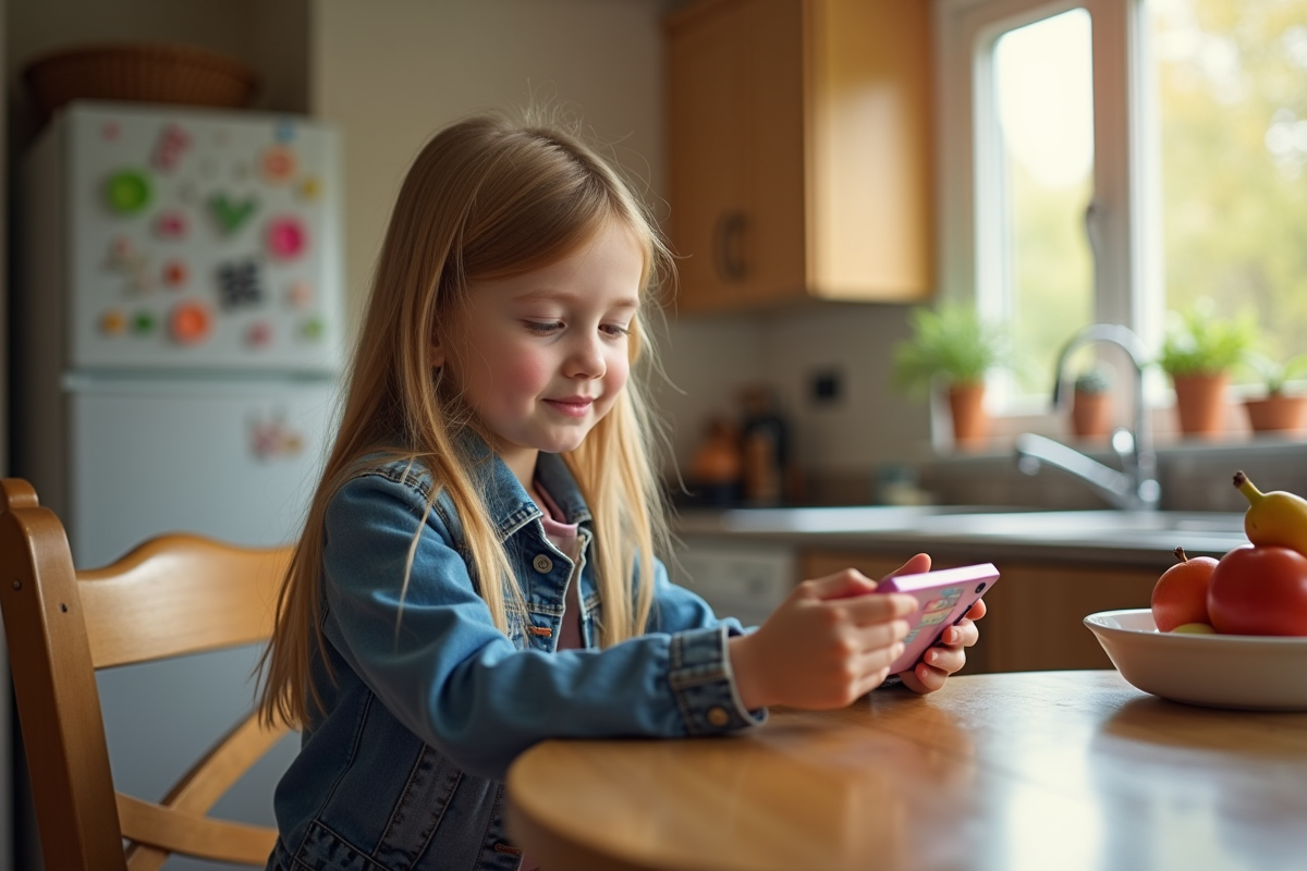 Fille de 7 ans concentrée avec console dans la cuisine lumineuse