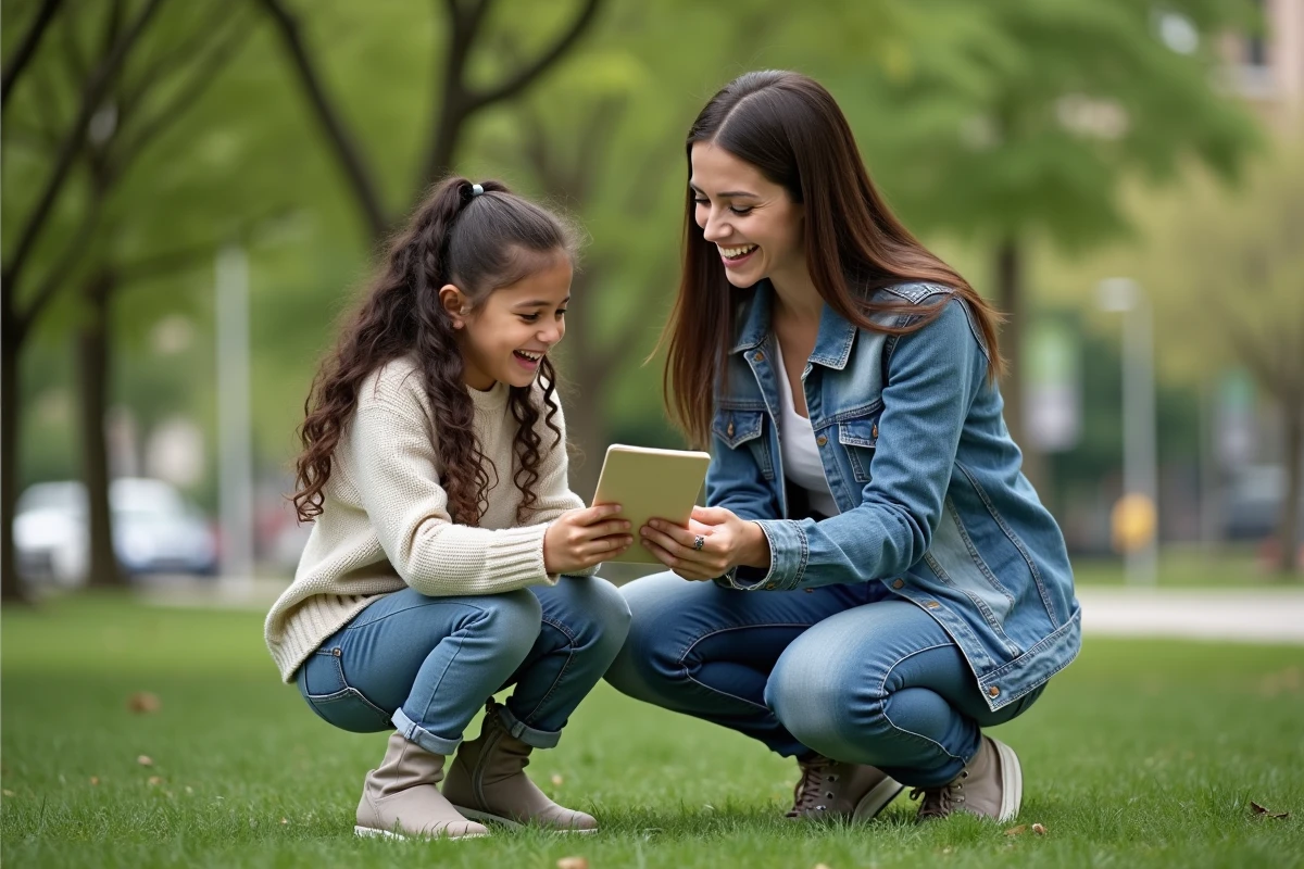 Fille et femme riant en lisant une carte dans un parc