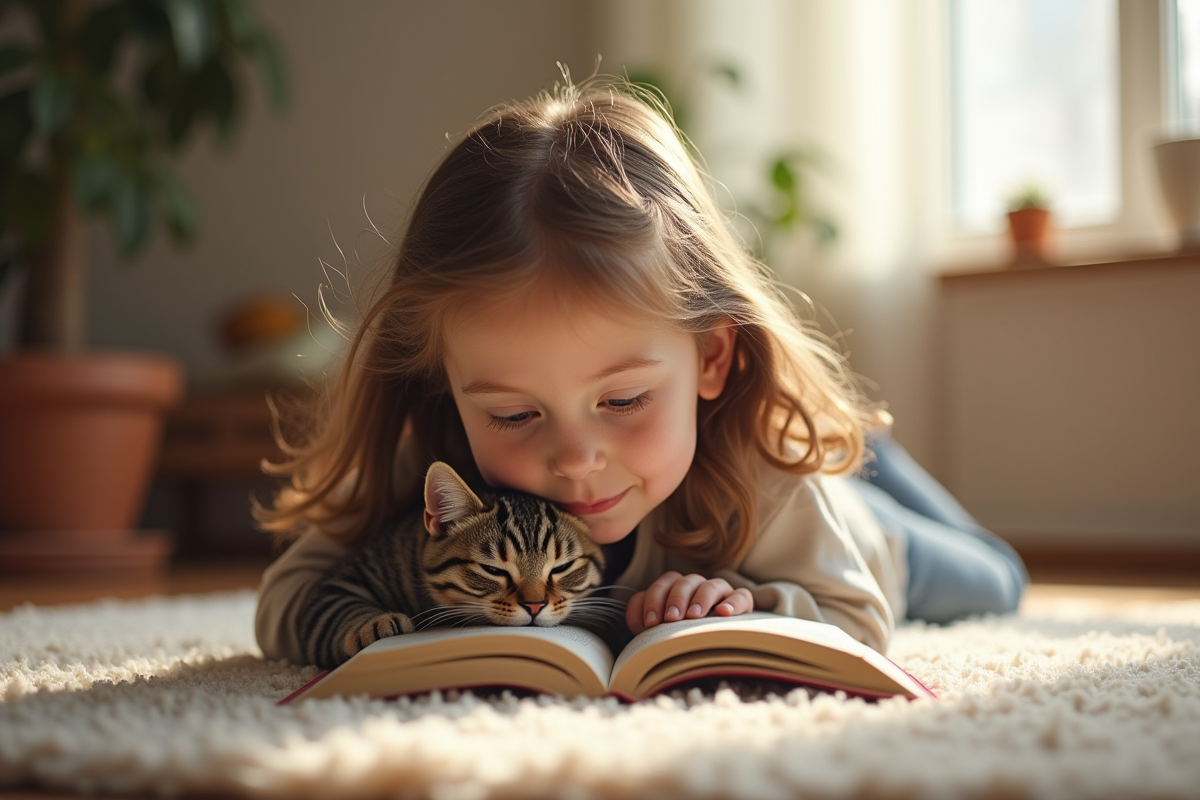 Jeune fille lisant avec un chat dans un salon lumineux
