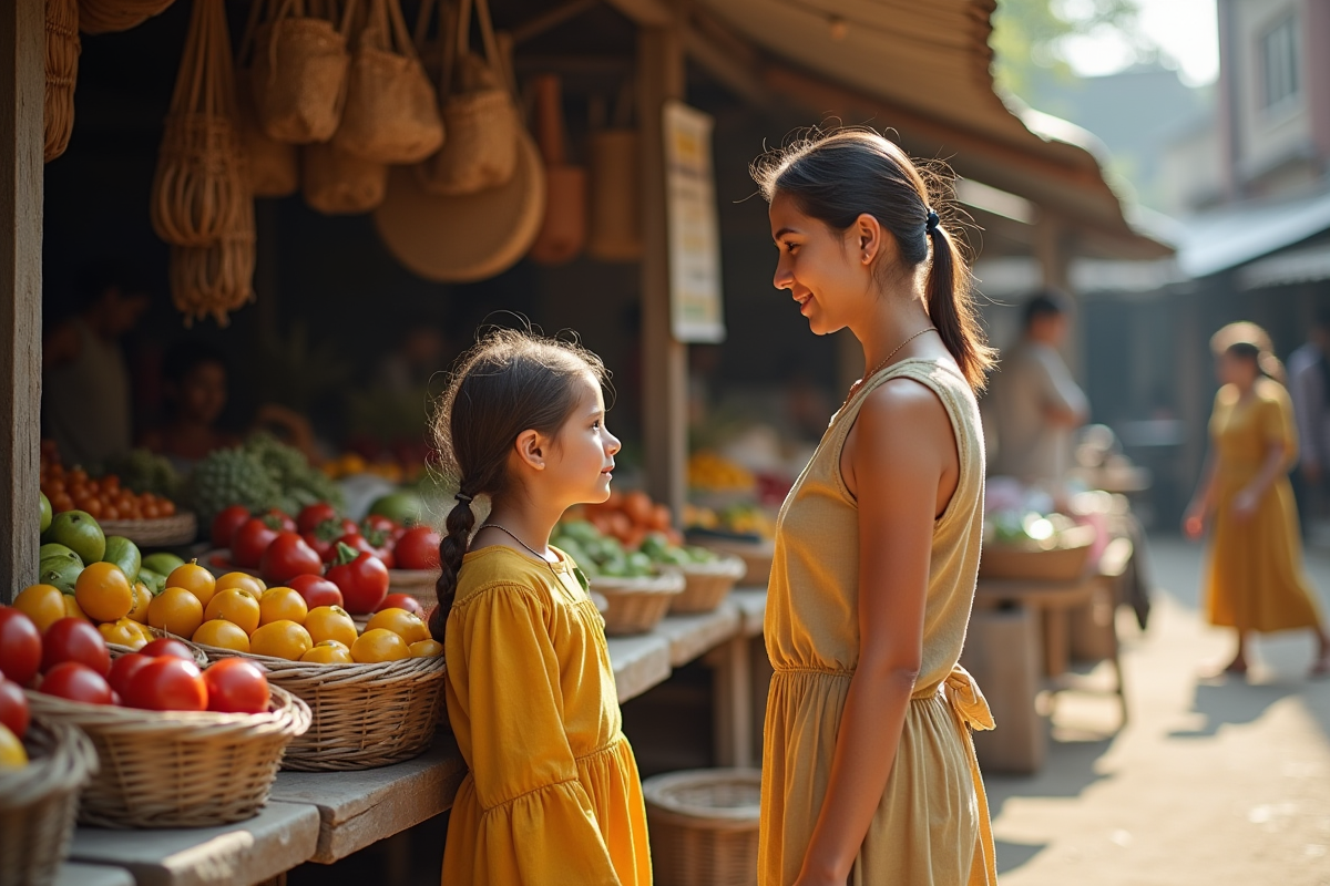 Fille de 8 ans choisissant des fruits au marché