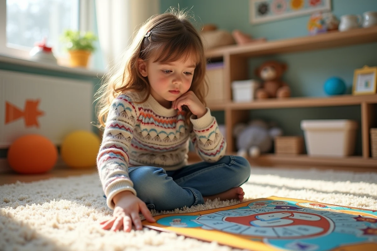 Fille concentr&eacute;e regardant le plateau de jeu Trivial Pursuit