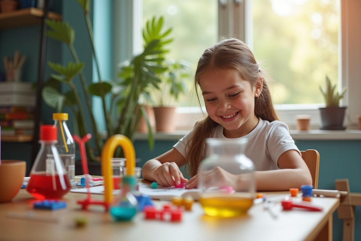 Jeune fille de 10 ans construisant un projet scientifique coloré