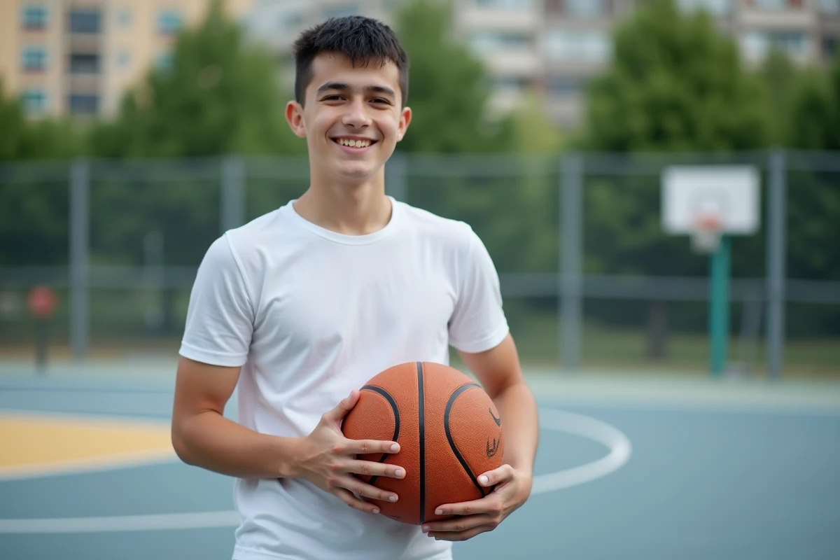 Jeune adolescent tenant un ballon de basket sur un terrain extérieur, alliant sport et détente