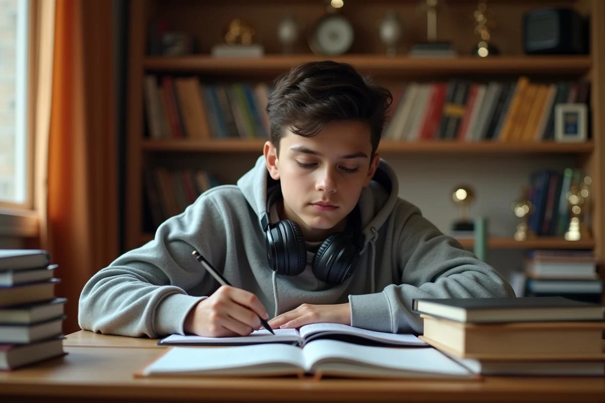 Adolescent concentré sur ses études dans sa chambre avec des trophées sportifs et des albums de musique en arrière-plan