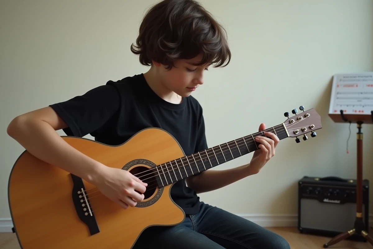 Adolescent jouant de la guitare acoustique dans une salle de musique, illustrant sa passion pour la musique