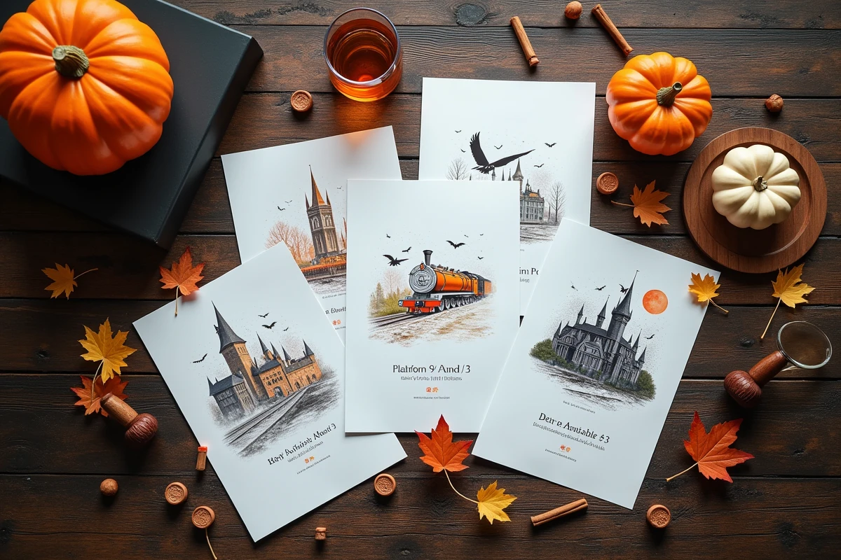 Vue de dessus d'affiches Harry Potter imprimées disposées sur une table avec accessoires de soirée Halloween entre amis