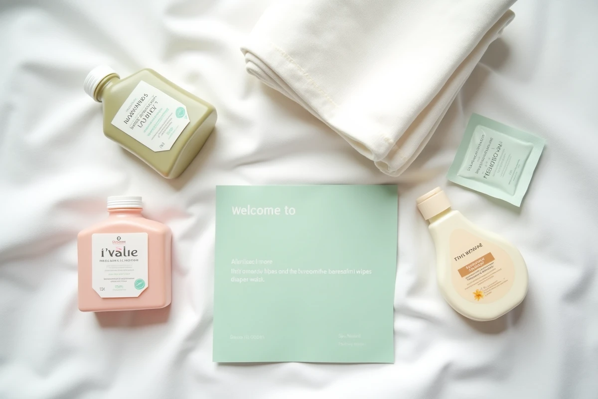 Flat lay d'échantillons bébé gratuits et contenu d'un coffret naissance sur lin blanc