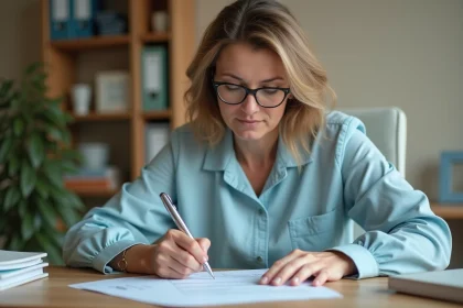 Femme remplissant un formulaire de demande d'acte de naissance à son bureau à domicile