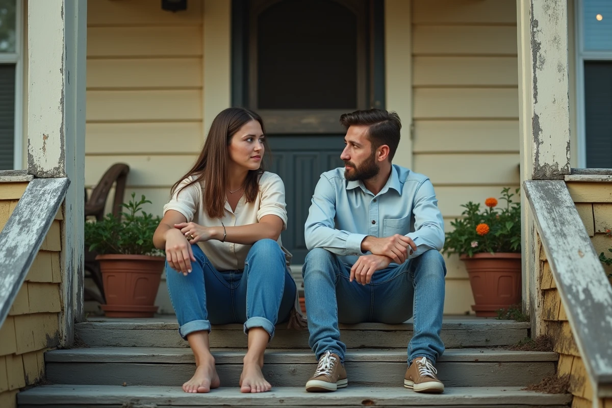 Frère et sœur adultes assis sur les marches d'une maison familiale du Sud des États-Unis, partagent un moment de souvenir teinté de mélancolie, symbolisant les liens fraternels et tensions familiales