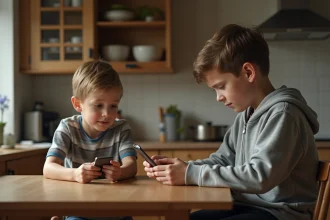 Deux freres assis à la table de cuisine regardant l'écran