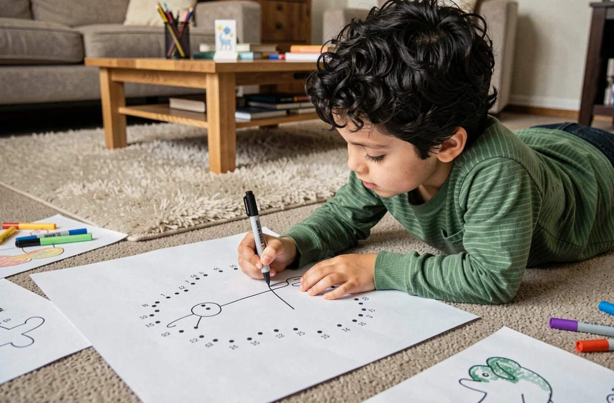 Garçon allongé sur un tapis de salon en train de compléter un grand dessin à relier des points avec un marqueur noir