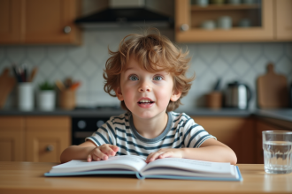 Garçon de six ans avec un livre sur les dents dans la cuisine