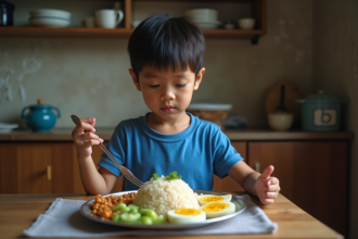 Jeune garçon de 4 ans mangeant son repas familial