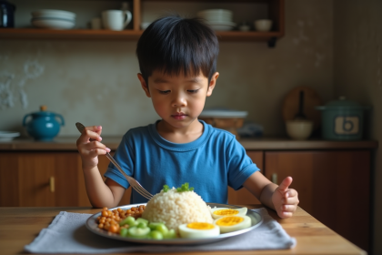 Jeune garçon de 4 ans mangeant son repas familial