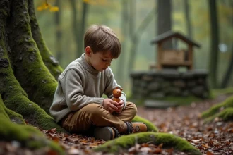 Jeune garçon assis dans la forêt avec figurine en bois