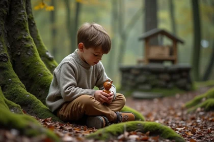 Jeune gar&ccedil;on assis dans la for&ecirc;t avec figurine en bois