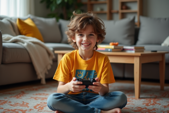 Garçon de 7 ans jouant avec une manette dans un salon chaleureux
