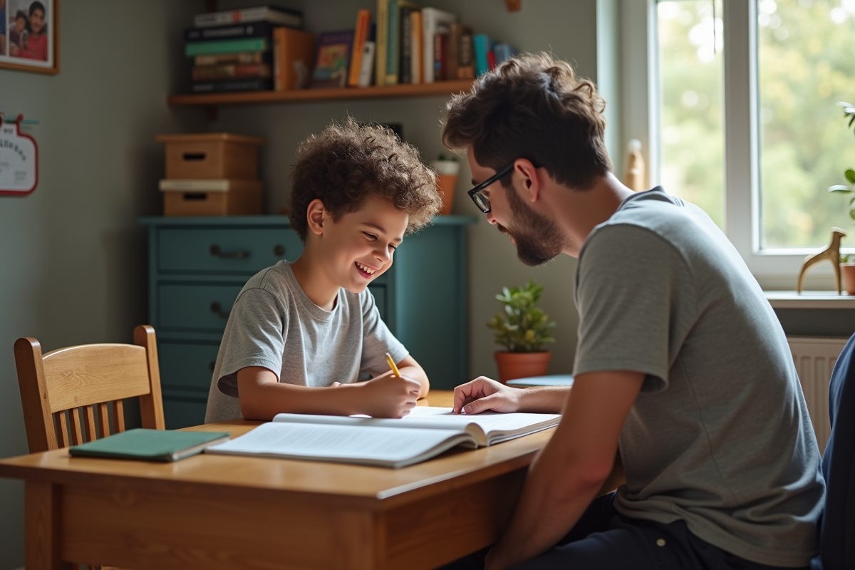 Garçon souriant avec son père à étudier dans sa chambre