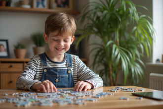 Garçon de 10 ans assemble un puzzle dans la cuisine chaleureuse