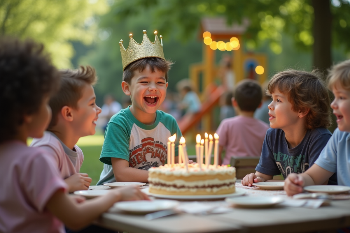 Garçon soufflant les bougies du gâteau d