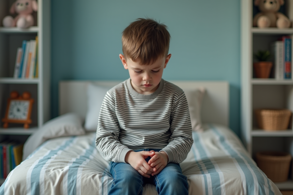 Garçon triste de 8 ans assis sur son lit dans une chambre d'enfant