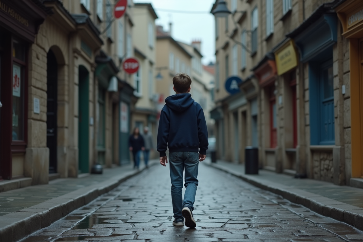 Adolescent marchant seul sous un ciel gris dans une rue pavée
