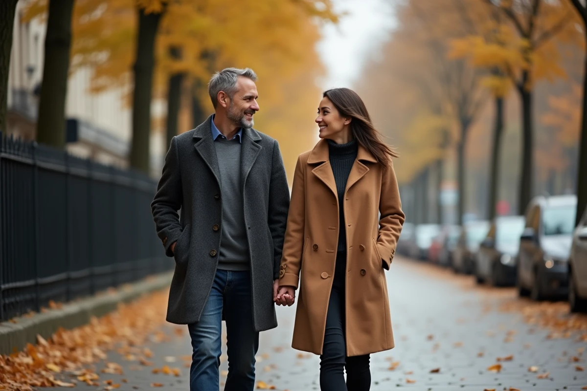 Couple se promenant sur un boulevard parisien en automne, évoquant la vie de couple et la discrétion familiale de Geoffroy Lejeune