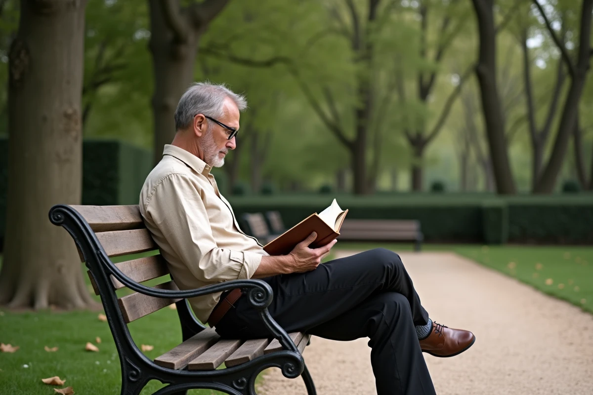 Homme lisant sur un banc dans un jardin parisien, image symbolisant la vie familiale discrète et l'intimité de Geoffroy Lejeune
