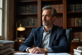 Portrait d'un homme élégant dans un bureau parisien classique, illustrant la vie privée et professionnelle de Geoffroy Lejeune