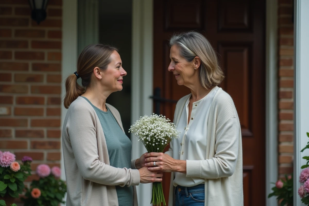 Une femme tendant un bouquet de fleurs blanches à son amie en deuil sur le pas de sa porte, geste de solidarité et de compassion