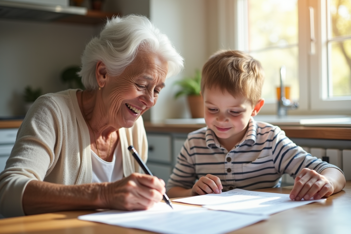 Sourire d'une grand-mère et son petit-fils remplissant un formulaire bancaire