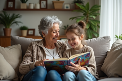 Grand-mere et petite fille lisant un livre ensemble