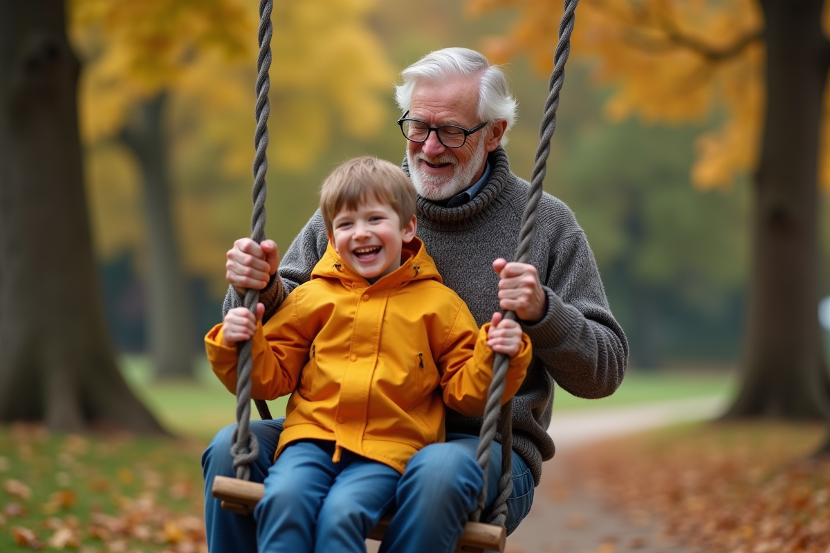 Grand-pere poussant son petit-fils sur une balançoire en parc