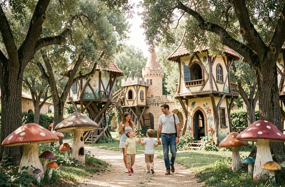 Famille se promenant dans le parc féerique Grimmland à La Roque-d'Anthéron