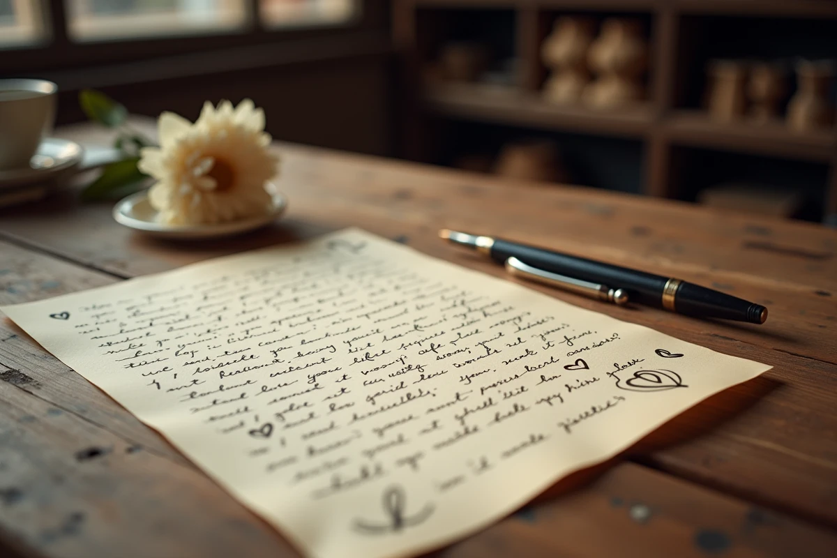 Gros plan d'une lettre manuscrite touchante à l'encre sur papier texturé avec stylo plume et fleur séchée sur table en bois