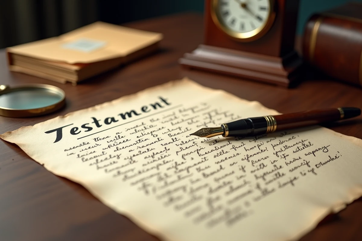 Gros plan d'un testament olographe manuscrit à l'encre noire posé sur un bureau en noyer avec stylo plume et enveloppes officielles