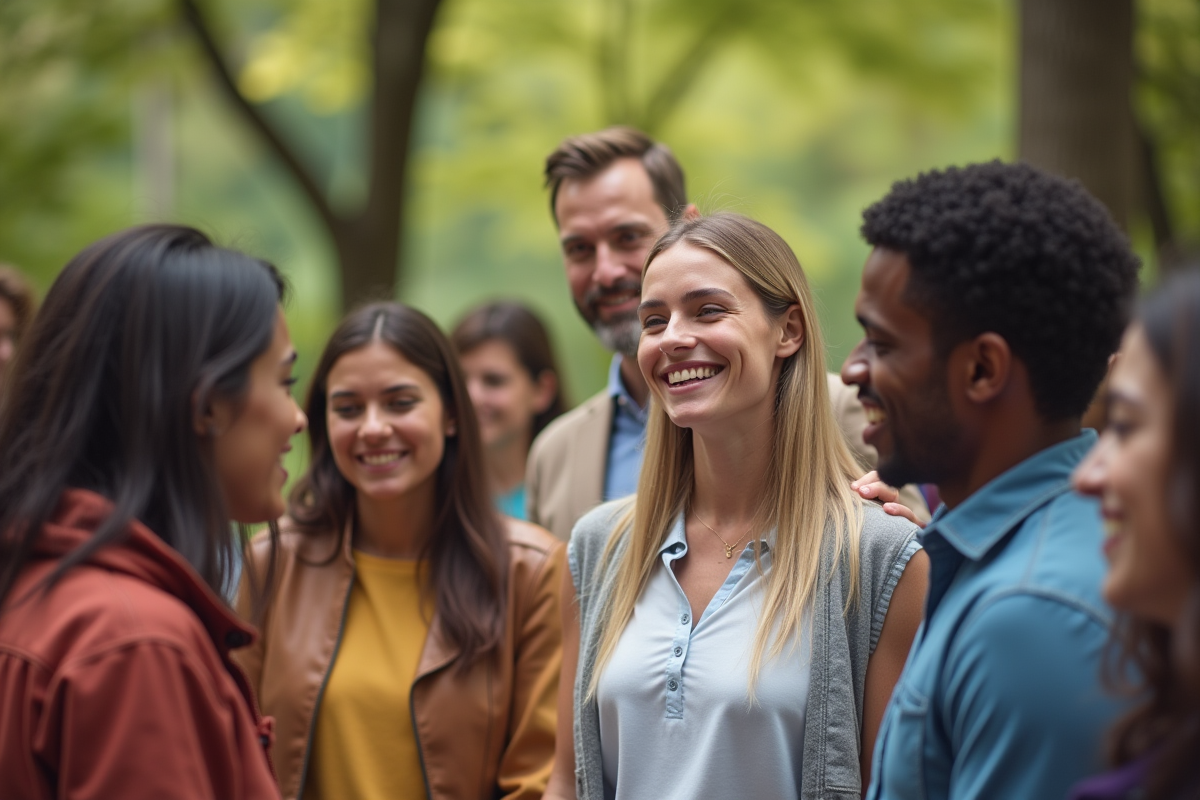 Groupe divers d'amis souriants en cercle en plein air