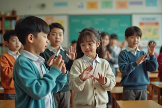 Groupe d'enfants d'école primaire jouant au Kim game en classe colorée