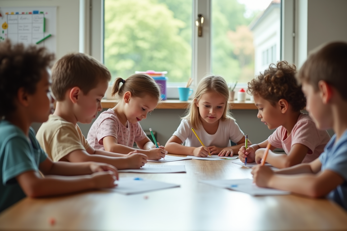 Groupe d'enfants et adultes dans une classe lumineuse