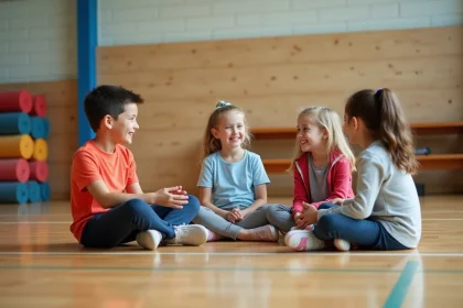 Enfants souriants en cercle dans une salle de sport
