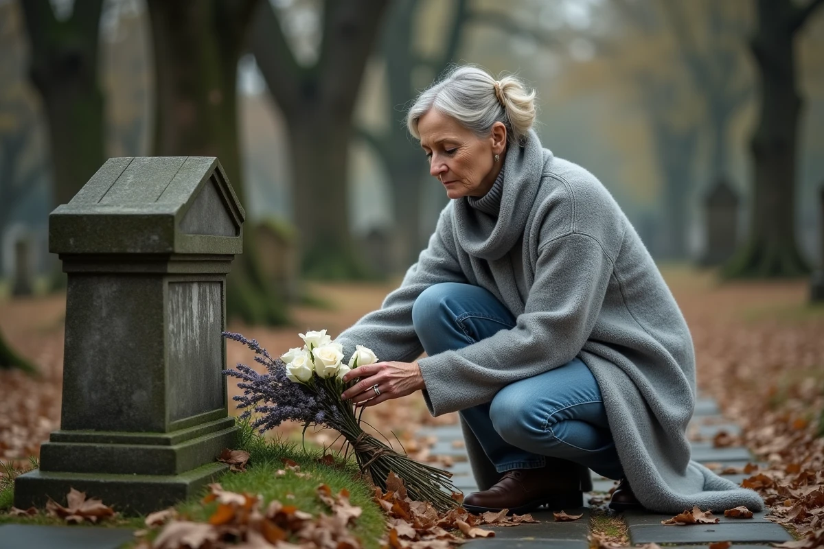 Femme déposant des fleurs blanches sur une tombe lors de l'anniversaire d'un décès dans un cimetière automnal