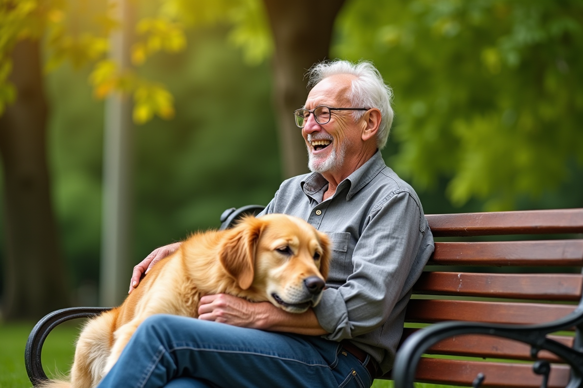 Homme âgé riant sur un banc avec un retriever au soleil
