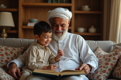 Homme arabe âgé avec petit-fils dans un salon chaleureux