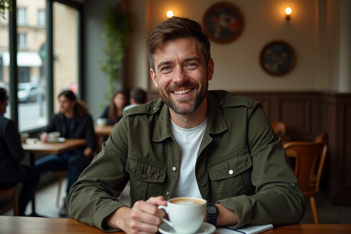 Homme assis en terrasse de café parisien avec carnet et café, ambiance interview confidence et vie personnelle