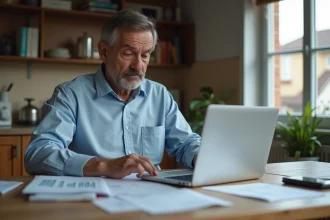 Homme adulte examinant des documents financiers et fiches de paie sur une table en bois pour calculer une obligation alimentaire