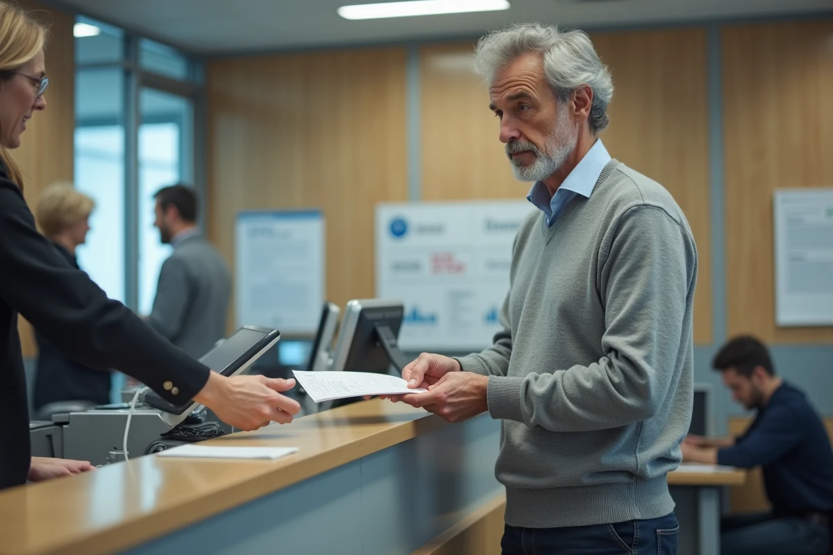 Homme déposant un dossier de renouvellement de permis parloir au guichet d'un service administratif