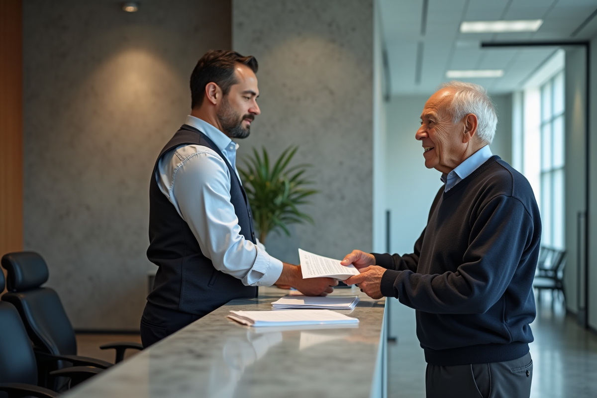 Homme âgé remettant un document à un agent administratif