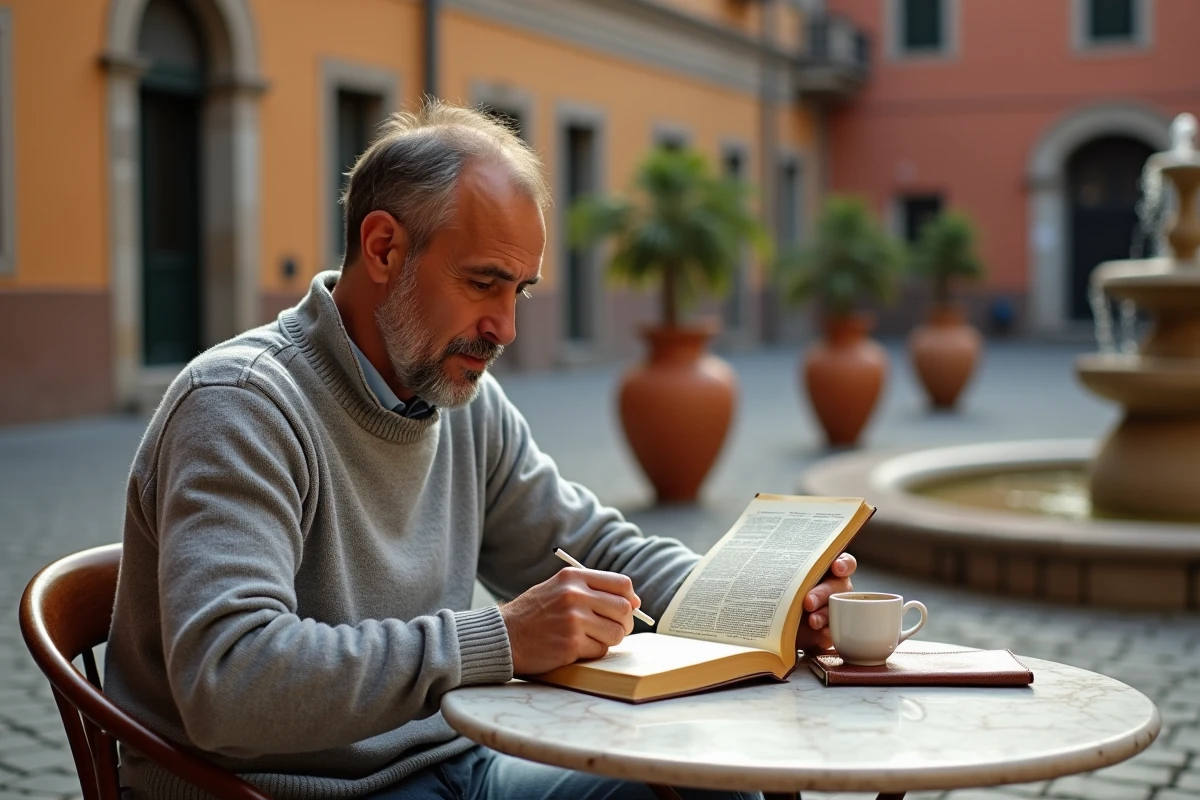 Homme italien d'âge moyen lisant un livre de prénoms bibliques italiens dans un café en plein air sur une piazza italienne