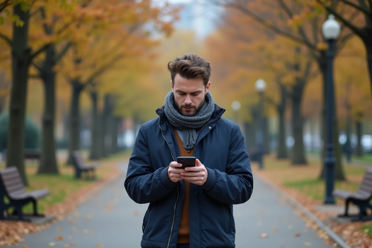 Homme dans un parc urbain lisant un message sur son téléphone